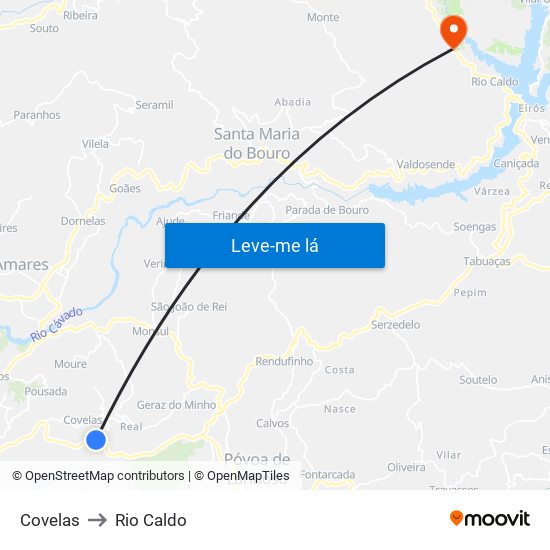 Covelas to Rio Caldo map