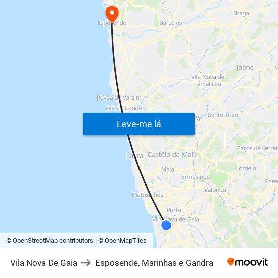 Vila Nova De Gaia to Esposende, Marinhas e Gandra map