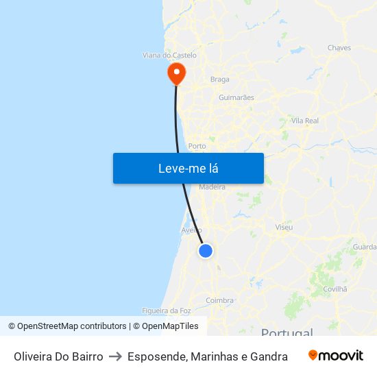 Oliveira Do Bairro to Esposende, Marinhas e Gandra map