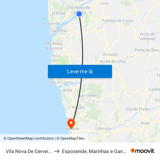 Vila Nova De Cerveira to Esposende, Marinhas e Gandra map