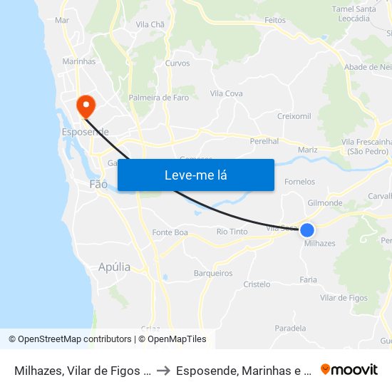 Milhazes, Vilar de Figos e Faria to Esposende, Marinhas e Gandra map