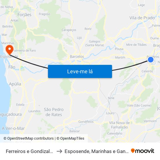 Ferreiros e Gondizalves to Esposende, Marinhas e Gandra map