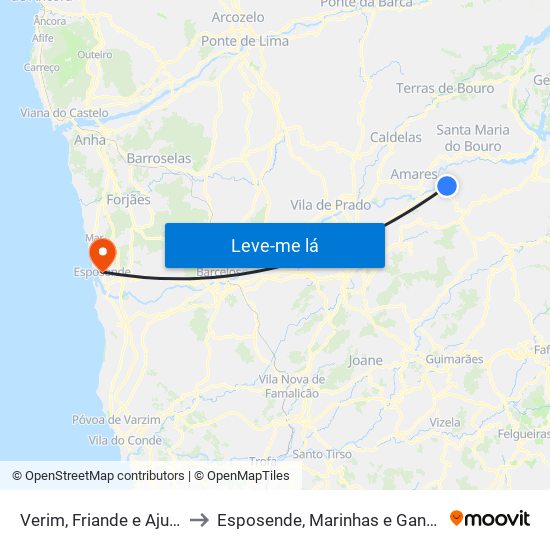 Verim, Friande e Ajude to Esposende, Marinhas e Gandra map