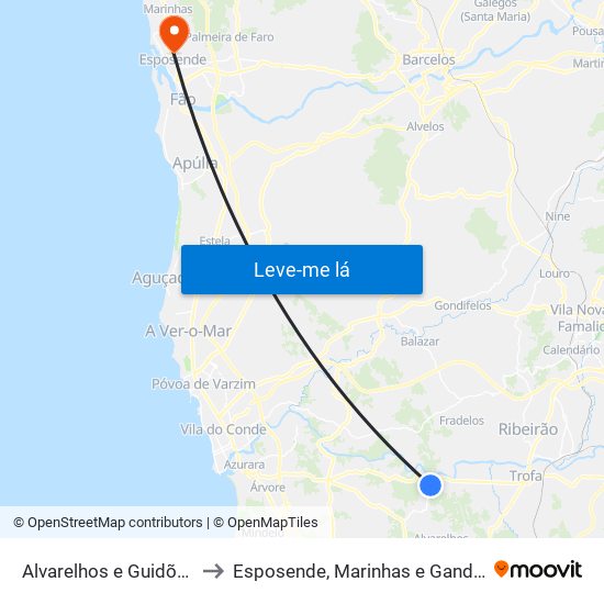 Alvarelhos e Guidões to Esposende, Marinhas e Gandra map