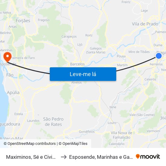 Maximinos, Sé e Cividade to Esposende, Marinhas e Gandra map