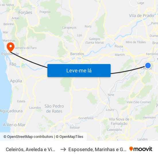 Celeirós, Aveleda e Vimieiro to Esposende, Marinhas e Gandra map