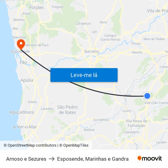 Arnoso e Sezures to Esposende, Marinhas e Gandra map