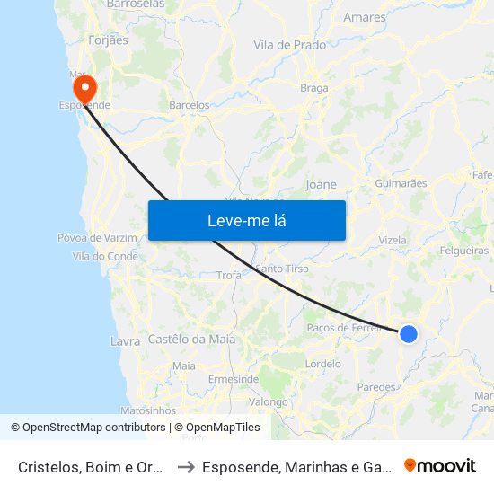 Cristelos, Boim e Ordem to Esposende, Marinhas e Gandra map