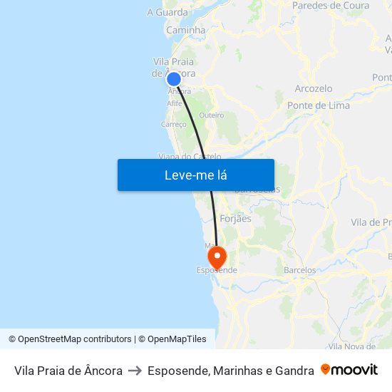 Vila Praia de Âncora to Esposende, Marinhas e Gandra map