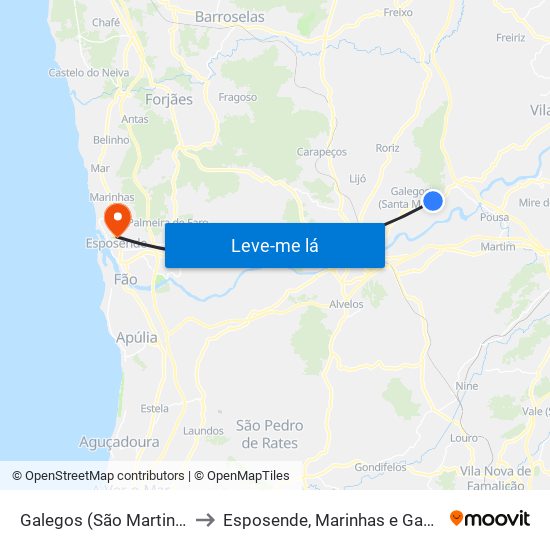 Galegos (São Martinho) to Esposende, Marinhas e Gandra map
