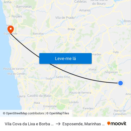 Vila Cova da Lixa e Borba de Godim to Esposende, Marinhas e Gandra map