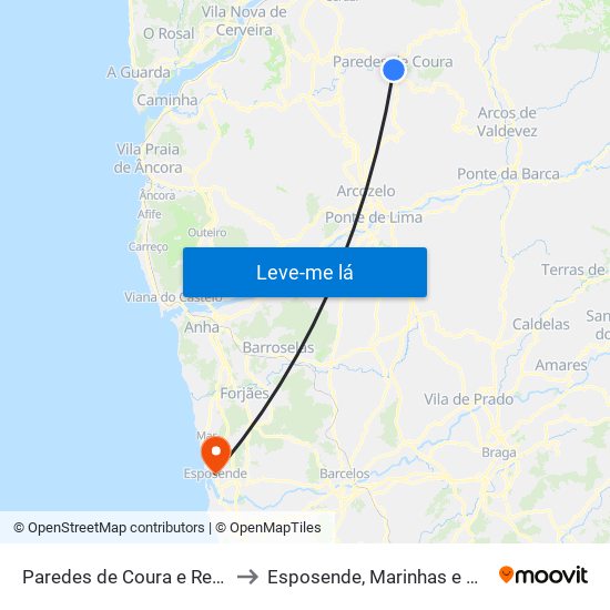 Paredes de Coura e Resende to Esposende, Marinhas e Gandra map