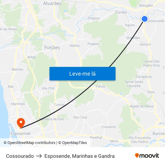 Cossourado to Esposende, Marinhas e Gandra map