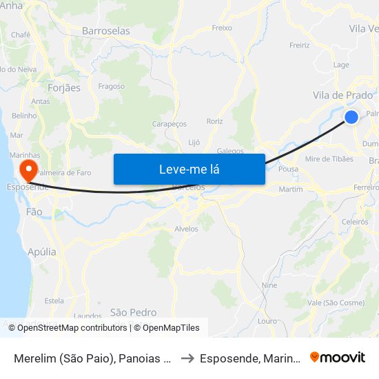 Merelim (São Paio), Panoias e Parada de Tibães to Esposende, Marinhas e Gandra map