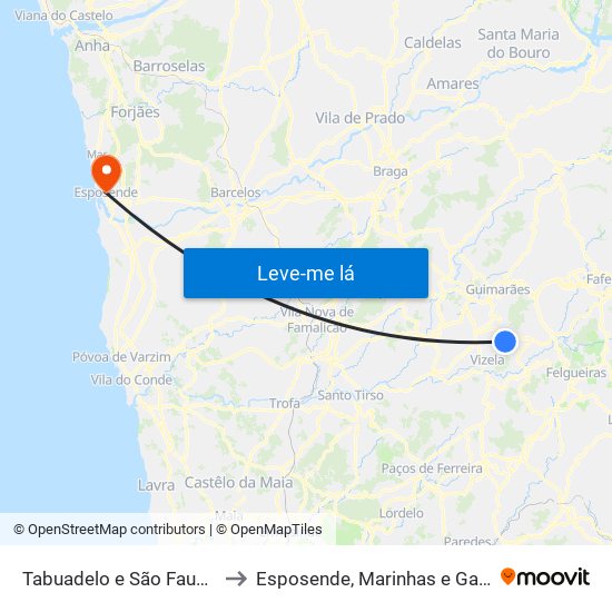 Tabuadelo e São Faustino to Esposende, Marinhas e Gandra map