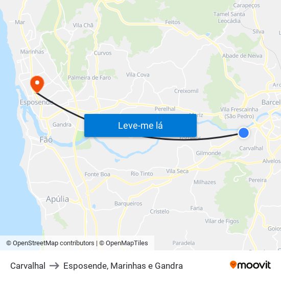 Carvalhal to Esposende, Marinhas e Gandra map