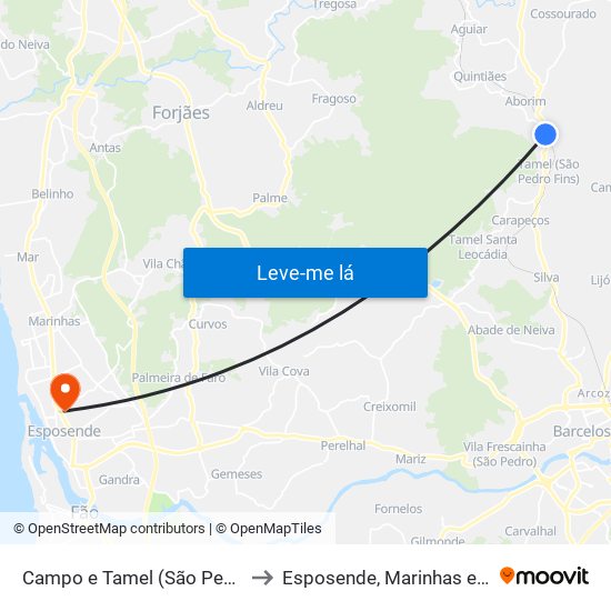 Campo e Tamel (São Pedro Fins) to Esposende, Marinhas e Gandra map