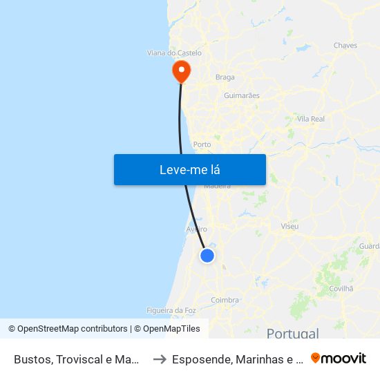 Bustos, Troviscal e Mamarrosa to Esposende, Marinhas e Gandra map