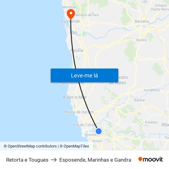 Retorta e Tougues to Esposende, Marinhas e Gandra map