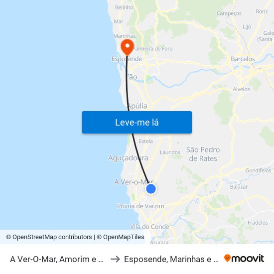 A Ver-O-Mar, Amorim e Terroso to Esposende, Marinhas e Gandra map