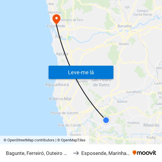 Bagunte, Ferreiró, Outeiro Maior e Parada to Esposende, Marinhas e Gandra map