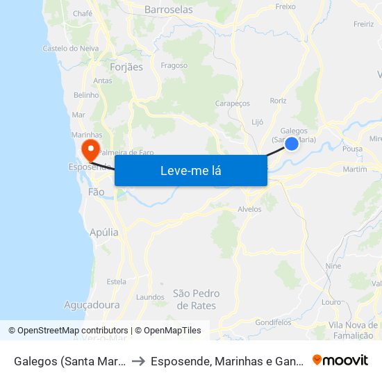 Galegos (Santa Maria) to Esposende, Marinhas e Gandra map