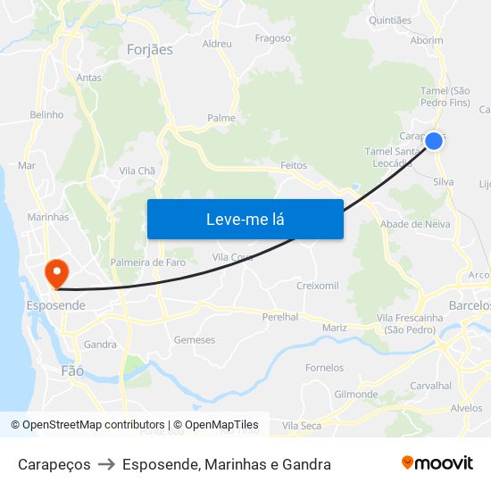 Carapeços to Esposende, Marinhas e Gandra map