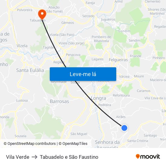Vila Verde to Tabuadelo e São Faustino map
