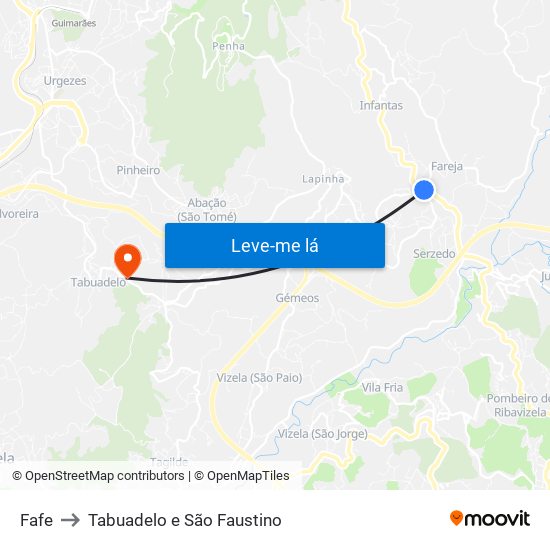 Fafe to Tabuadelo e São Faustino map