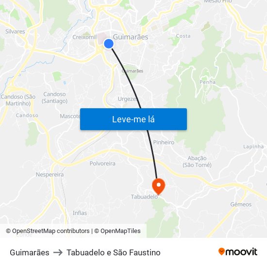 Guimarães to Tabuadelo e São Faustino map