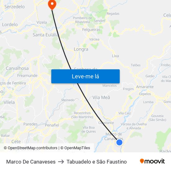 Marco De Canaveses to Tabuadelo e São Faustino map