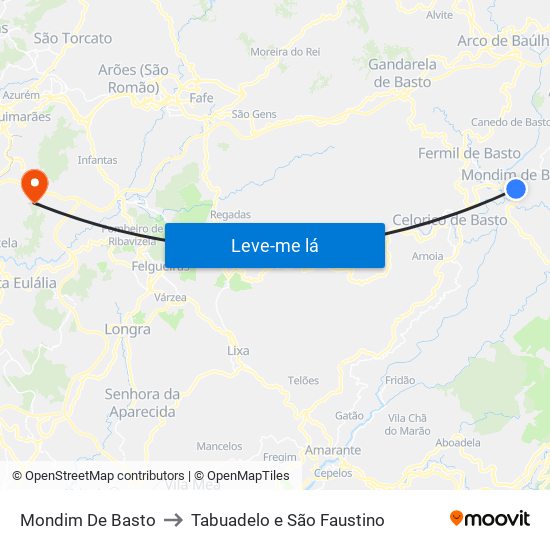 Mondim De Basto to Tabuadelo e São Faustino map