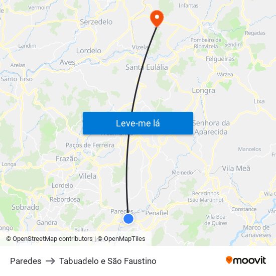 Paredes to Tabuadelo e São Faustino map