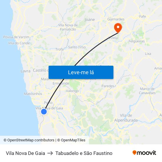 Vila Nova De Gaia to Tabuadelo e São Faustino map