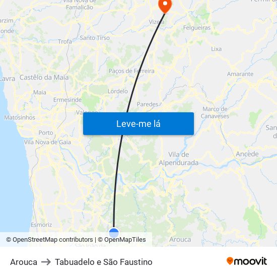 Arouca to Tabuadelo e São Faustino map