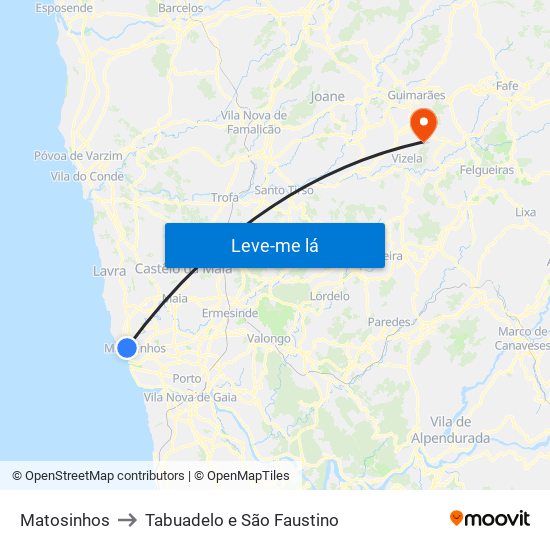 Matosinhos to Tabuadelo e São Faustino map
