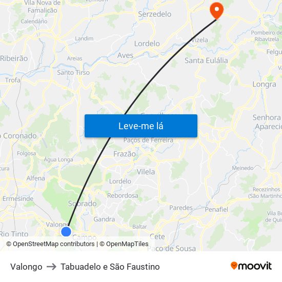 Valongo to Tabuadelo e São Faustino map