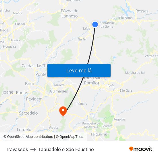 Travassos to Tabuadelo e São Faustino map