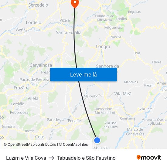 Luzim e Vila Cova to Tabuadelo e São Faustino map