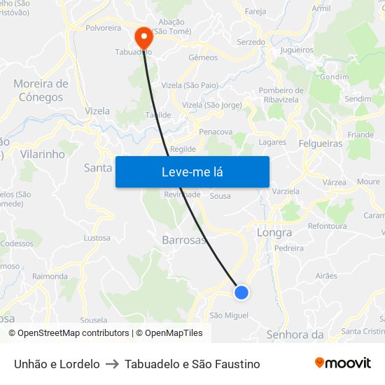 Unhão e Lordelo to Tabuadelo e São Faustino map