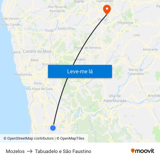 Mozelos to Tabuadelo e São Faustino map