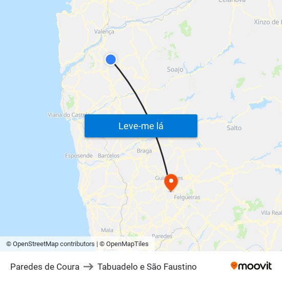Paredes de Coura to Tabuadelo e São Faustino map