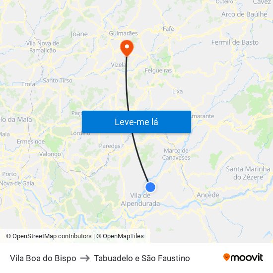 Vila Boa do Bispo to Tabuadelo e São Faustino map