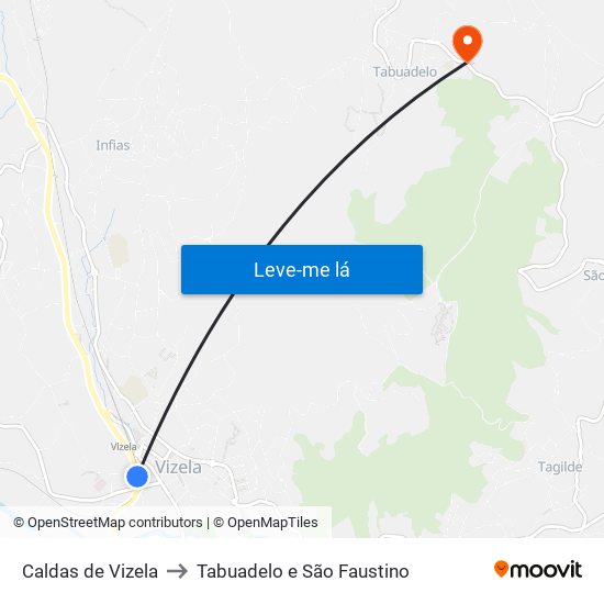 Caldas de Vizela to Tabuadelo e São Faustino map