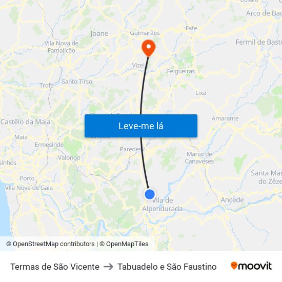 Termas de São Vicente to Tabuadelo e São Faustino map