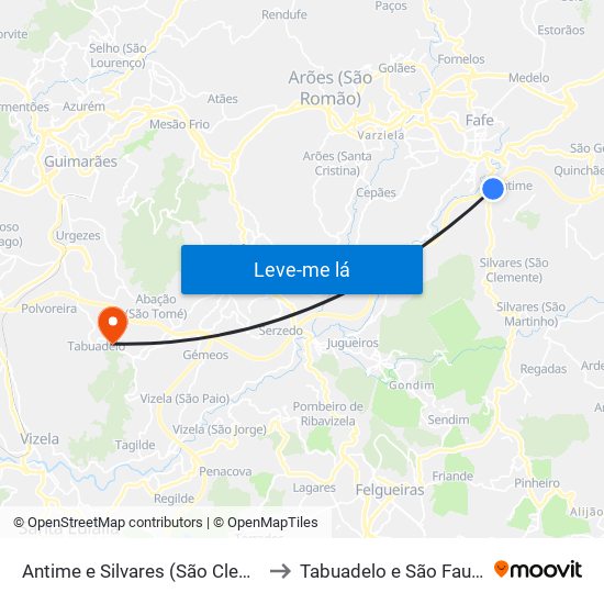 Antime e Silvares (São Clemente) to Tabuadelo e São Faustino map