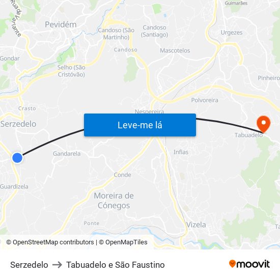 Serzedelo to Tabuadelo e São Faustino map