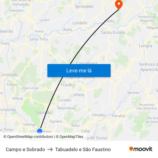 Campo e Sobrado to Tabuadelo e São Faustino map