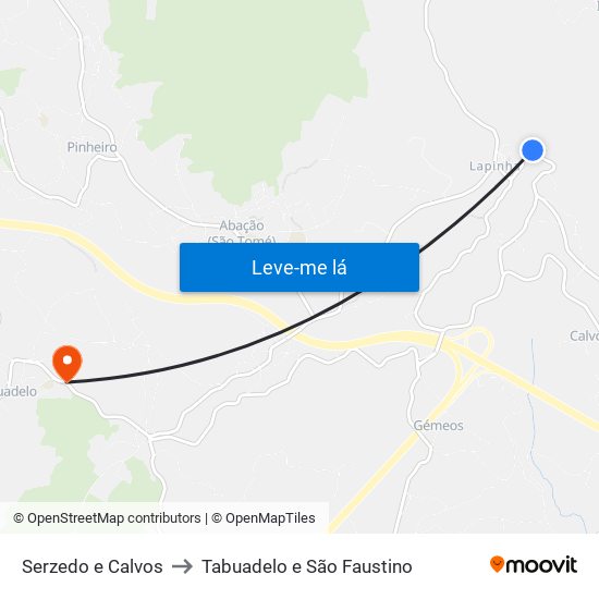 Serzedo e Calvos to Tabuadelo e São Faustino map