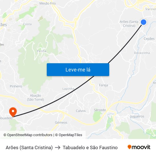 Arões (Santa Cristina) to Tabuadelo e São Faustino map